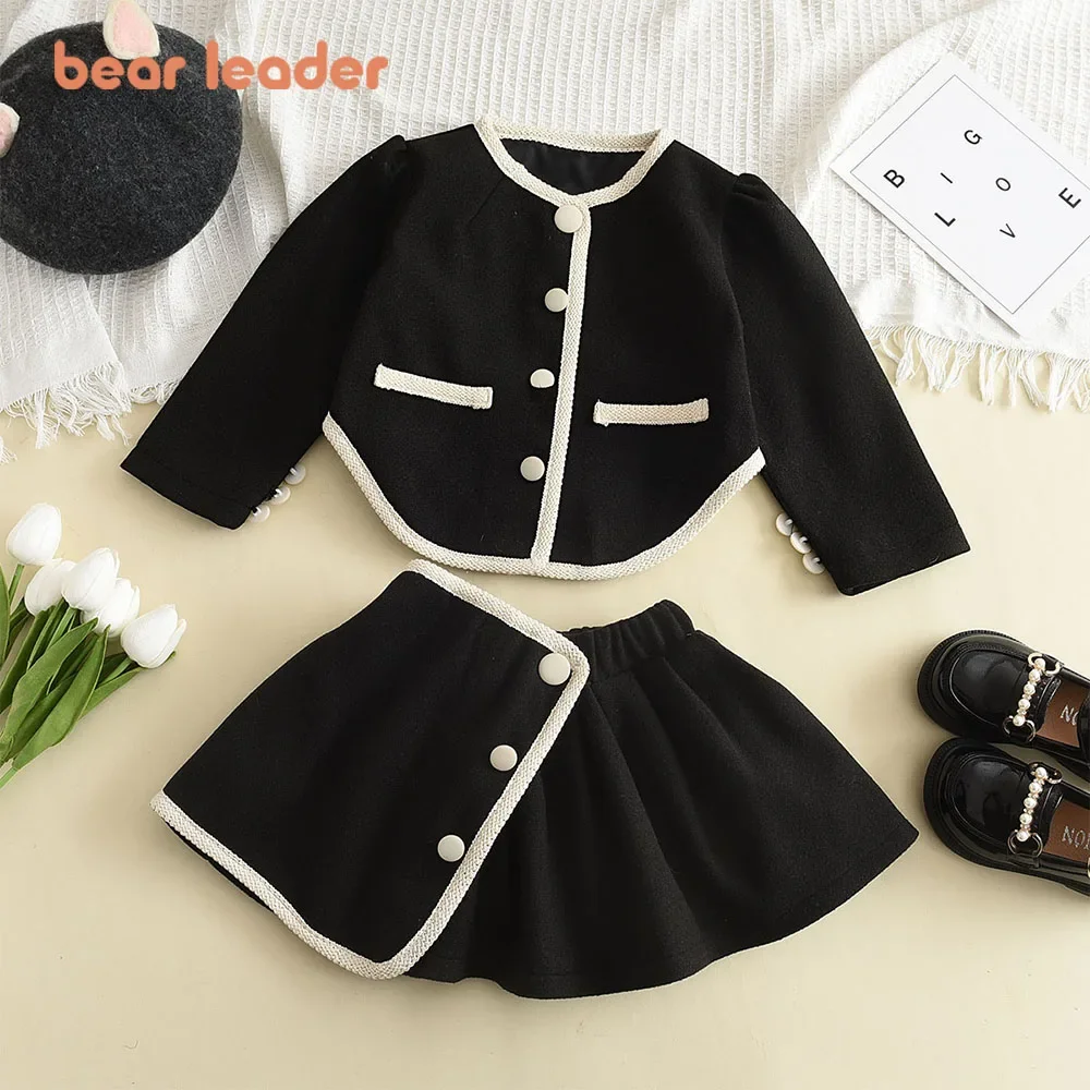 

Bear Leader Black Girls' Suit Korean Version Fashionable Children's Clothing Autumn Long Sleeved Short Jacket Top+Skirt 2Pcs Set