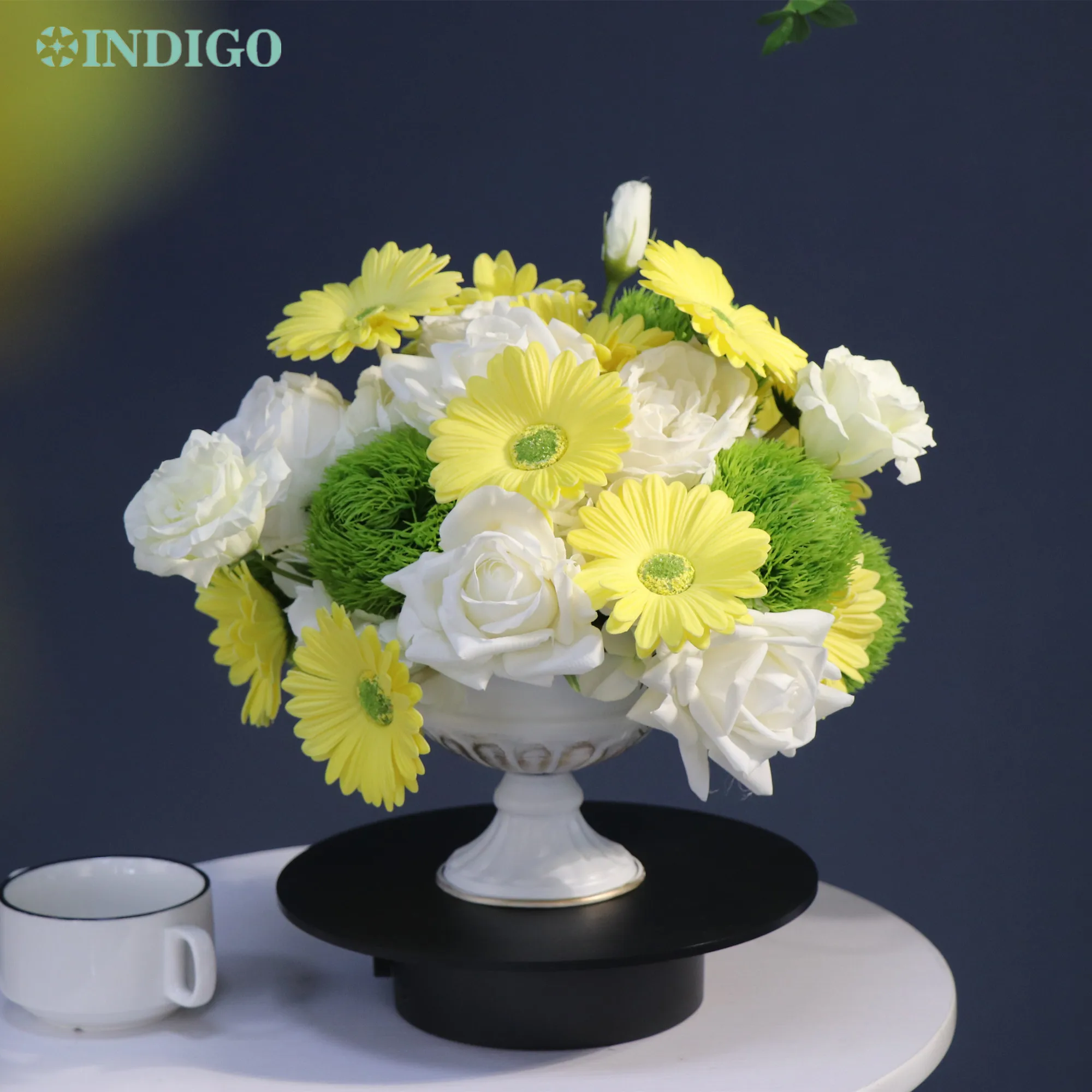 

INDIGO-Yellow Gerbera Rose Artificial Flower Bouquet, Bonsai, Christmas Decoration, Wedding PU, Floral Event Party, Metal Pot