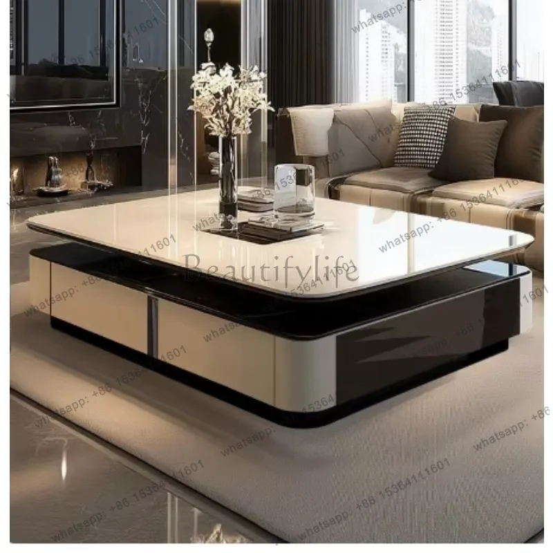 YJ Italian Modern Minimalist Coffee Table for Small Living Room, Slab Top 45cm High, Vintage Black Double Layer Side Cabinet