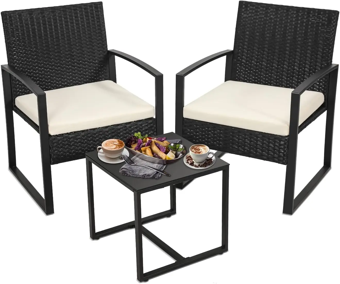 

3 Pieces Wicker Patio Bistro Sets, Rattan Conversation Set with Coffee , for Balcony, Porch, Garden, Yard, Poolside, Black Frame