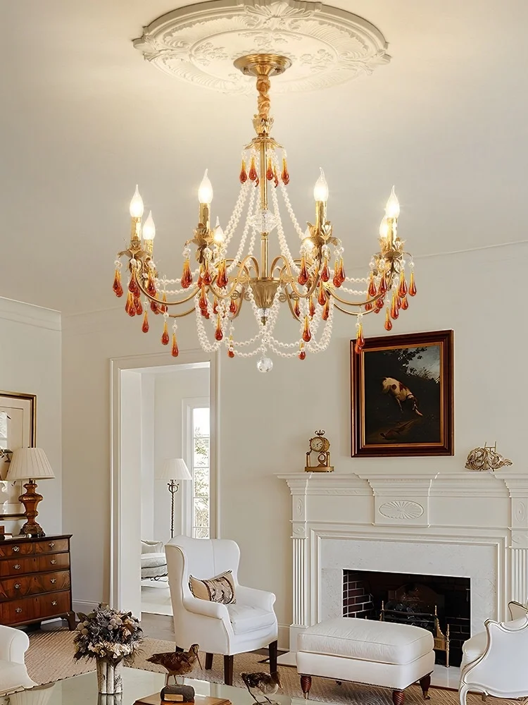Living Room French Candle Chandelier Copper E14 LED Pendant