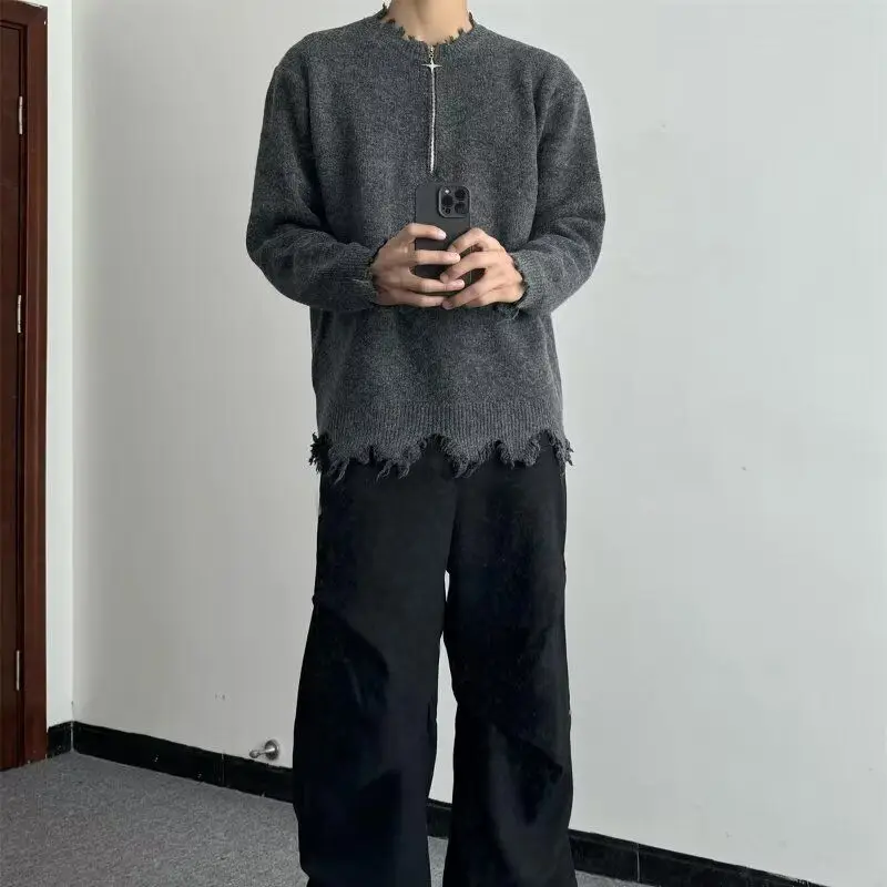 

Американский мужской вязаный свитер в стиле ретро с отверстием на молнии, изношенный модный свободный трикотаж для пар, мягкое полиэфирное волокно