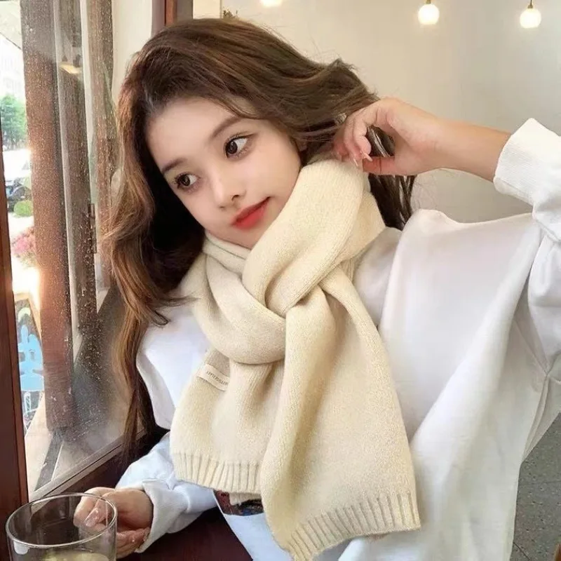 Winter Christmas New Year\'s Wool Solid Color Scarf Women\'s Cashmere Knitted Korean Versatile Soft Thickened Warmth Muffler