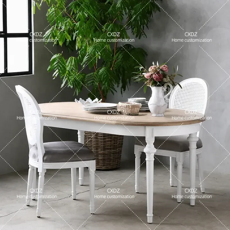 Retro Solid Wood Long Dining Table American Country Style Oval Desk for Living Room Home Tea Table