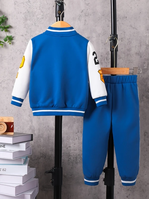 Boys' Baseball Jacket Three-Piece Set - Blue Teddy Bear Embroidered Sportswear for Toddlers, Spring/Fall Casual Outfit