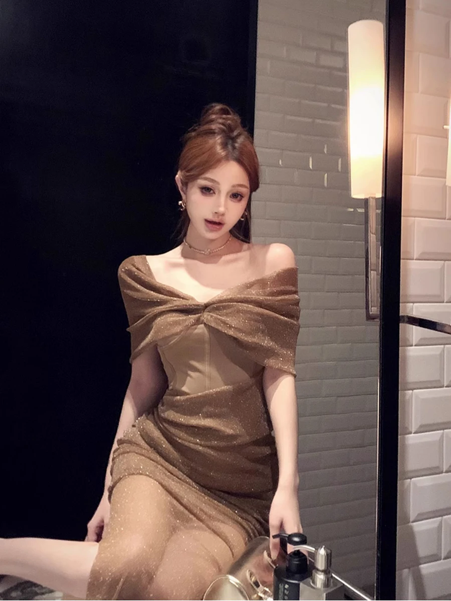 RORORIRI オフショルダー グリッター メッシュ イブニング ドレス ボーン コルセット シャーリング スリム ボディコン スプリット ロング ドレス 高級 レトロ パーティー ガウン