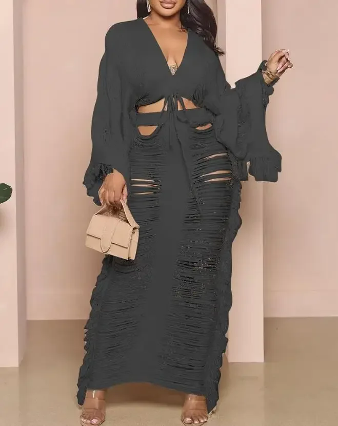 CPSYMYM – ensemble deux pièces pour femmes, tenue d'été ajourée, col en v, manches longues, haut court et jupe Maxi quotidienne unie, Sexy
