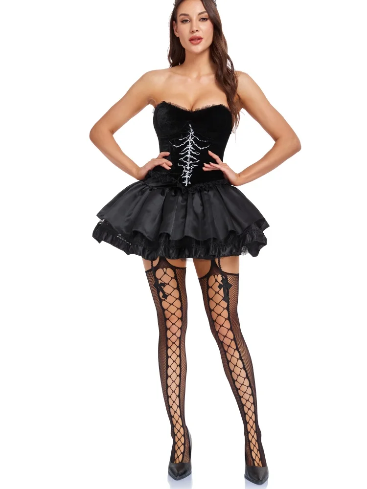 Gotisches Skelett-Cosplay-Kostüm für Damen, schulterfreies Kleid mit Spitze und ausgestellten Ärmeln, kurzes Kleid für Halloween, Nachtclub, Karneval, Rollenspiel-Outfit – Detail 9