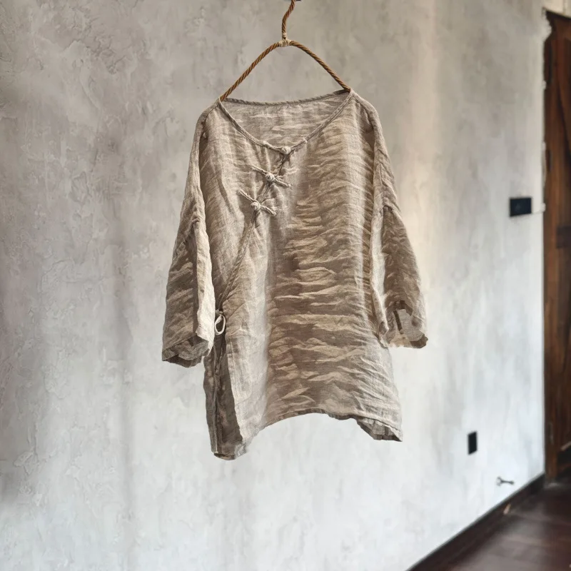 

Women V Neck Chinese Button Lace Up Handmade 100% Linen Vintage Shirts and Tops 2026 New Solid Color Long Sleeve Female Blouses