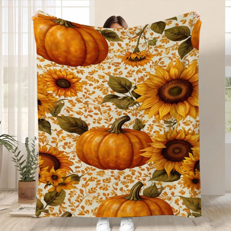 Pumpkin Sunflower Autumn Foliage Fall Throw Blanket Patio Nook Soft Blanket Living Room Porch Lounge Bedroom Den Presents