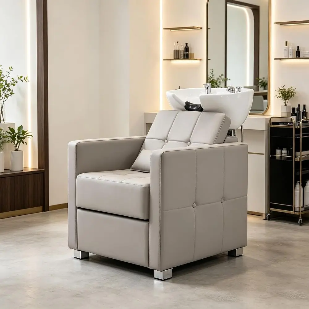 Adjustable Porcelain Hair Wash Basin with Shampoo Chair Set for Salon and Spa (Gray)