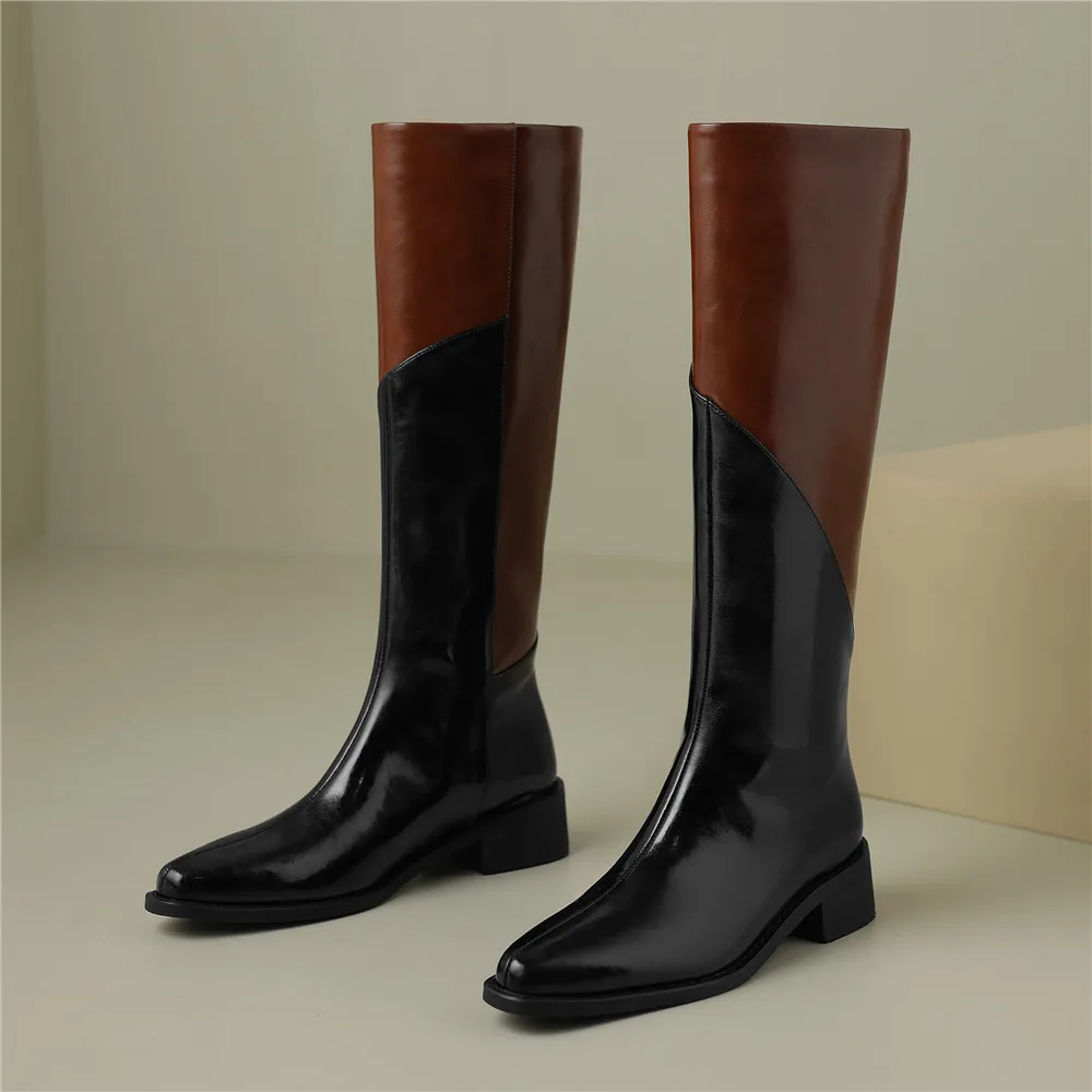 MILI-MIYA New Arrival Mixed Color Women Cow Leather Knee High Boots Thick Heels Classic Round Toe Plus Size 34-42 Handmade