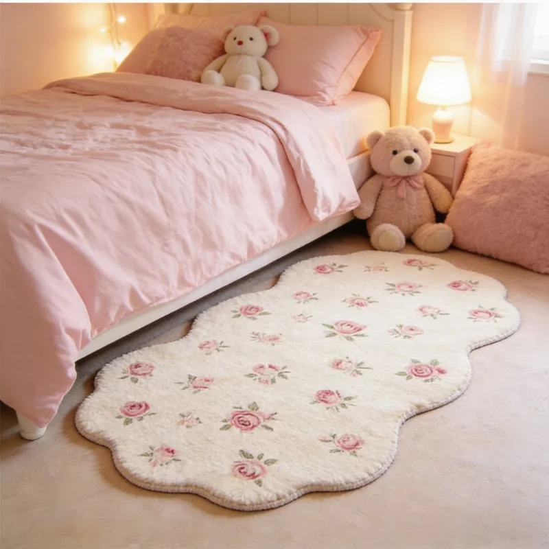 Flowers Carpets for Living Room Girly Style Bedroom Decor Carpet Fluffy Soft Irregular Shape Bedside Rug Home Plush Floor Mat