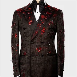 Fashion Jacauqrd Groom Wedding Tuxedos With Beaded Crystal 2 Pieces Sets Men Suit Male Prom Blazer Double Breasted Costume Homme