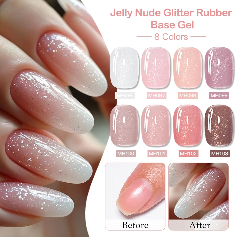 10ml Jelly Nude Glitter Base in gomma Smalto per unghie Gel Smalto semipermanente rosa Soak Off a lunga durata Unghie UV in gel autolivellante