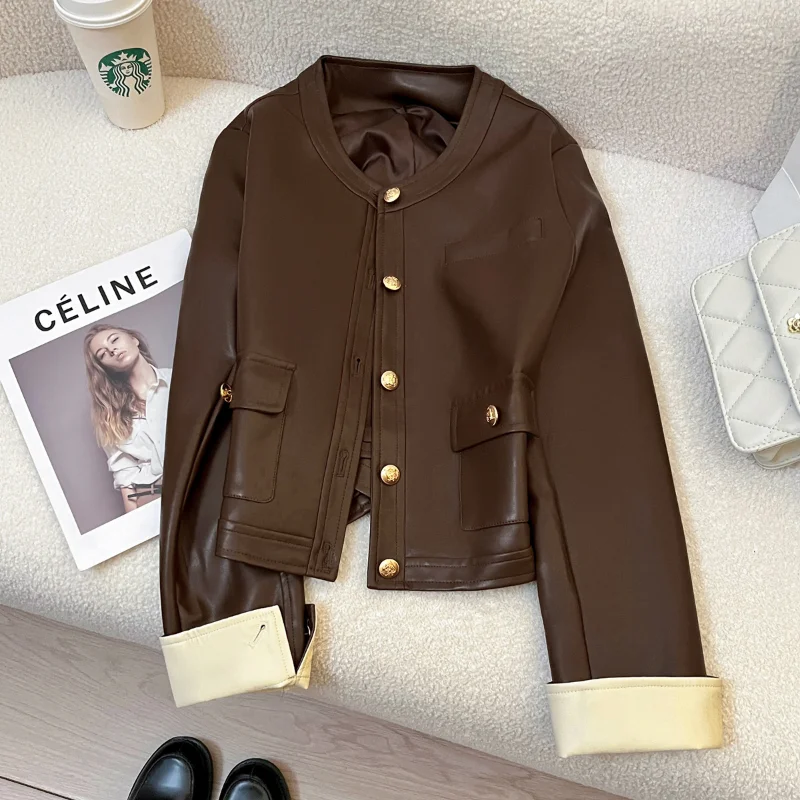 Veste en cuir à col rond pour femme, manches longues épissées, mode française, simple, faux cuir sauvage, café, décontracté, dame