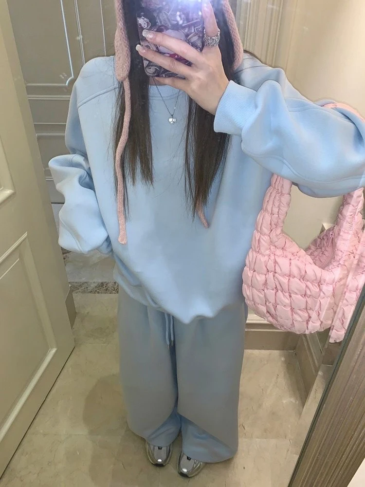 Ensemble 2 pièces à lacets taille haute et pantalon large pour femmes, survêtement doublé, manteaux à col rond, mode coréenne Veleen, Y-Conjunto