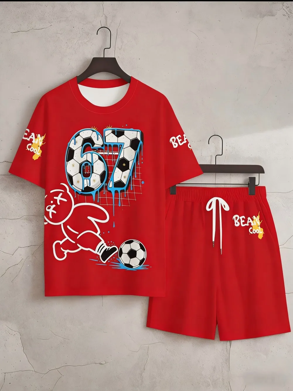 Men's summer teddy bear letter print comfortable breathable round neck T-shirt drawstring shorts set outdoor casual wear view 2