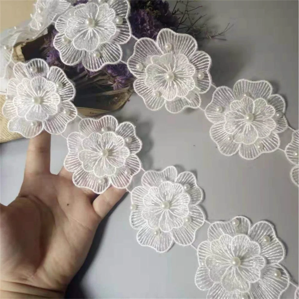 

1 yard Ivory Pearl Beaded Embroidered Flower Lace Trim Floral Applique Patches Fabric Sewing Vintage Wedding Dress 7.5cm
