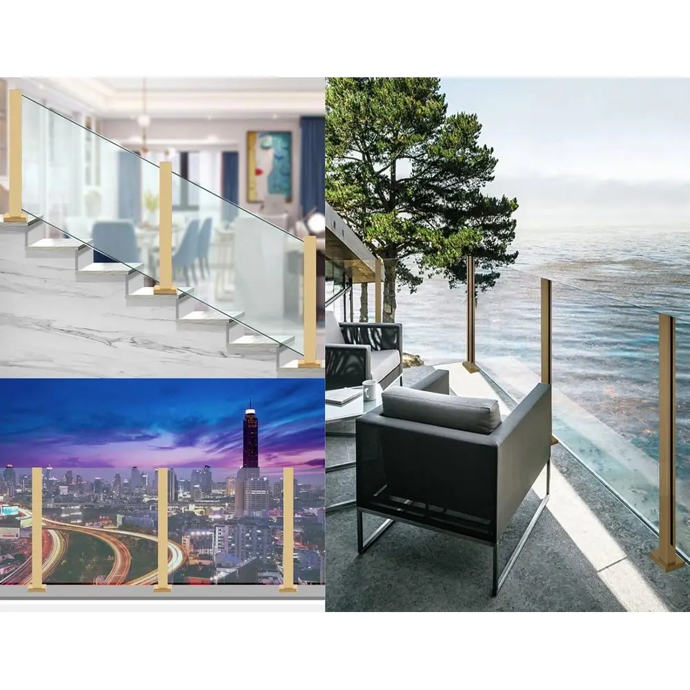 階段の手すり、ゴールドガラスの手すり支柱キット、屋外デッキ、屋内階段プラットフォーム仕切りガラス欄干システム、ステンレス