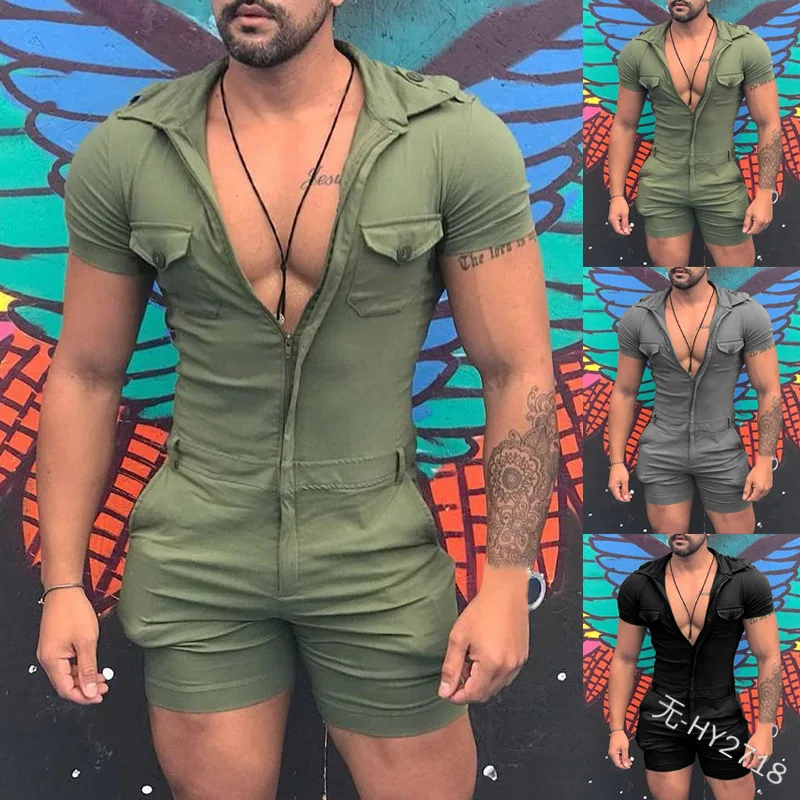 Vintage Zip-up Slim Mens Jumpsuits Summer Sexy Skinny Tight Playsuits Men Streetwear Trendy Solid Color Shorts Romper Overalls