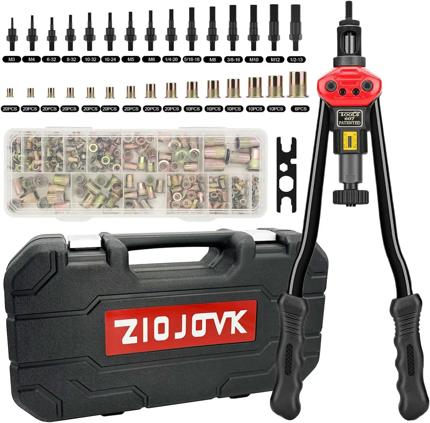 16-Inch Rivet Nut Tool Kit with 15 Mandrels, 236 Nuts & Case for DIY Projects