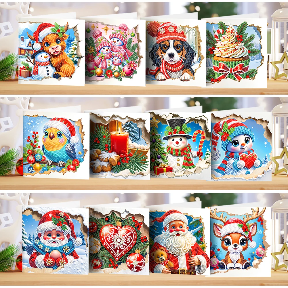 

12pcs DIY Xmas Print Diamond Painting Greeting Card Set Diamond Art Handmade Cards for Birthdays Thanksgiving & Special Occasion