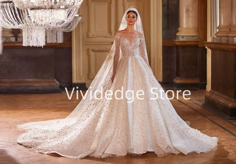 Customized Glitter Long Sleeve Dress Wedding Beaded Tulle Luxury Wedding Gowns A-line Dresses vestidos de boda para fiestas