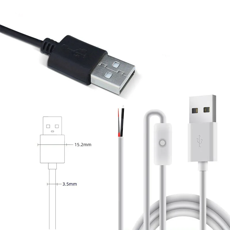 2-Core USB Power Cable 22AWG Tinned Copper Wire with On/Off Switch for LED Strips Table Lamps Night Lights Black White