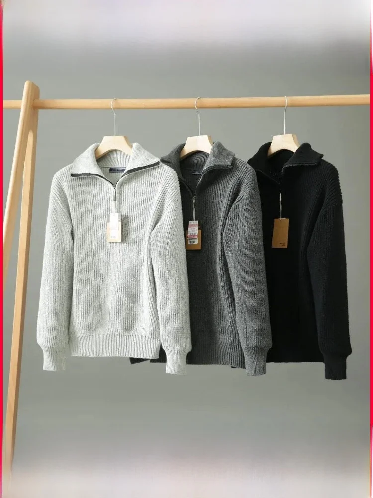 

American Retro Sle Men's Faionable Casual Knitted Sweater f Zipper Collar Versatile Polyester Fiber Long Sve Top