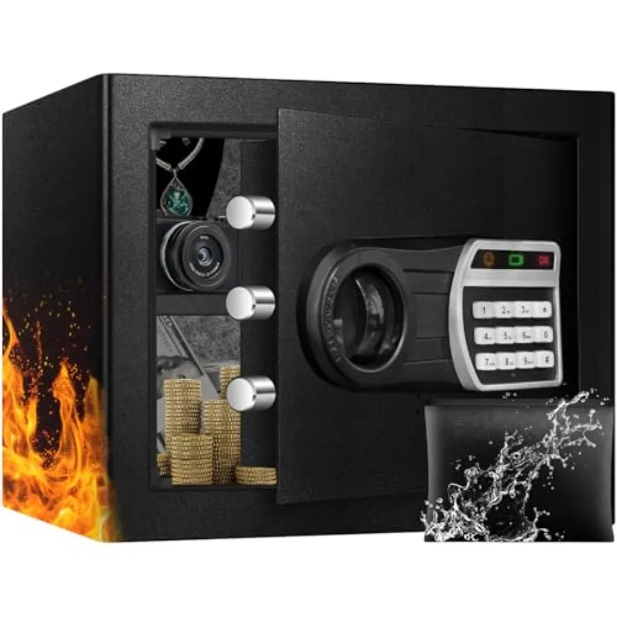 Home safe box, 1.6 Cuft, steel construction, black, fireproof and waterproof, digital keypad, smart alert system, spare keys, r