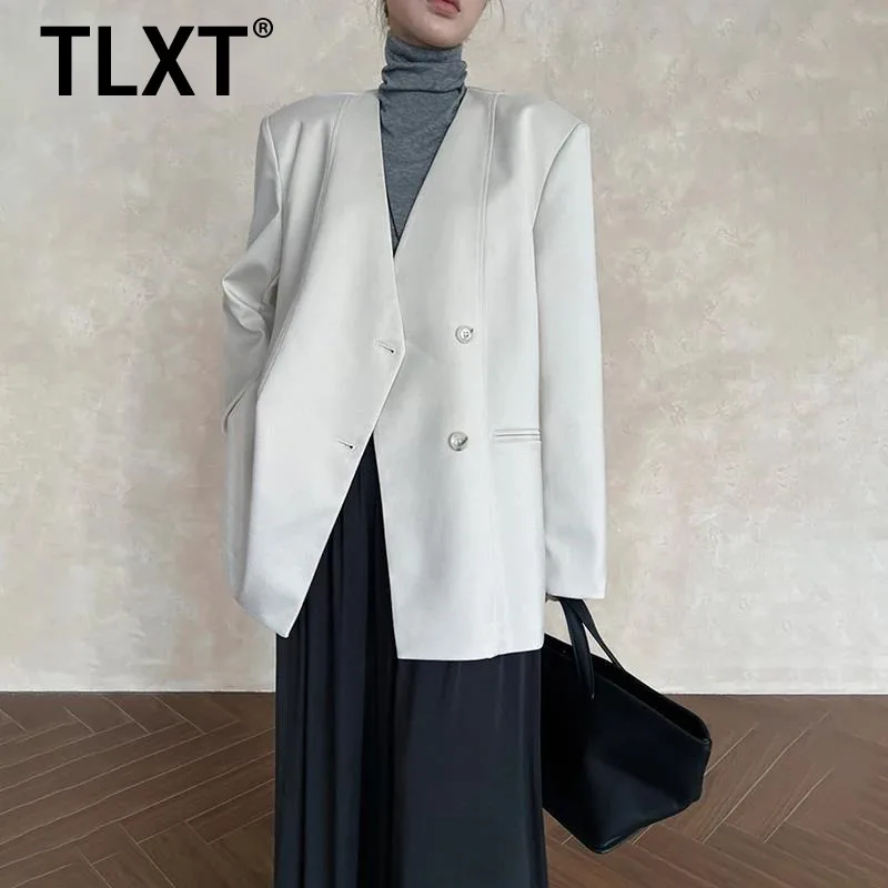 

TLXT Fashion women's Designer Back Spliced Blazers V Neck Double Breasted Long Sleeve Jackets Female Coats 2025 Autumn New