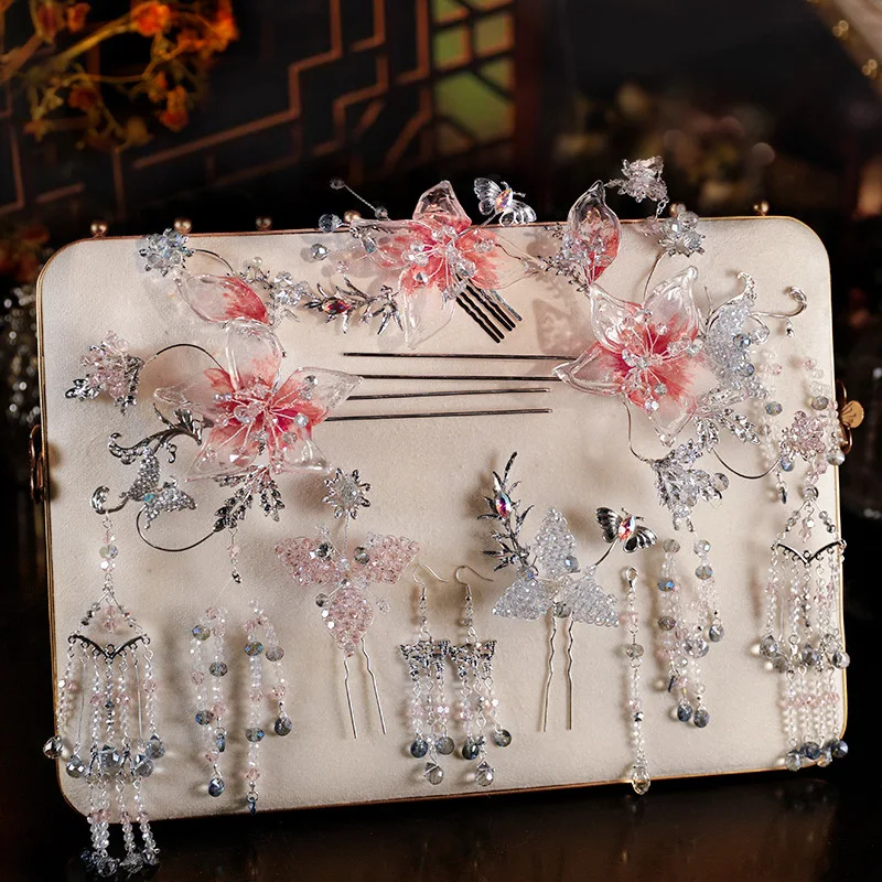

Xiuhe Headdress Pink Transparent Tassel Buyao and Gown New Chinese Style Ancient Costume Ancient Style Tuinga