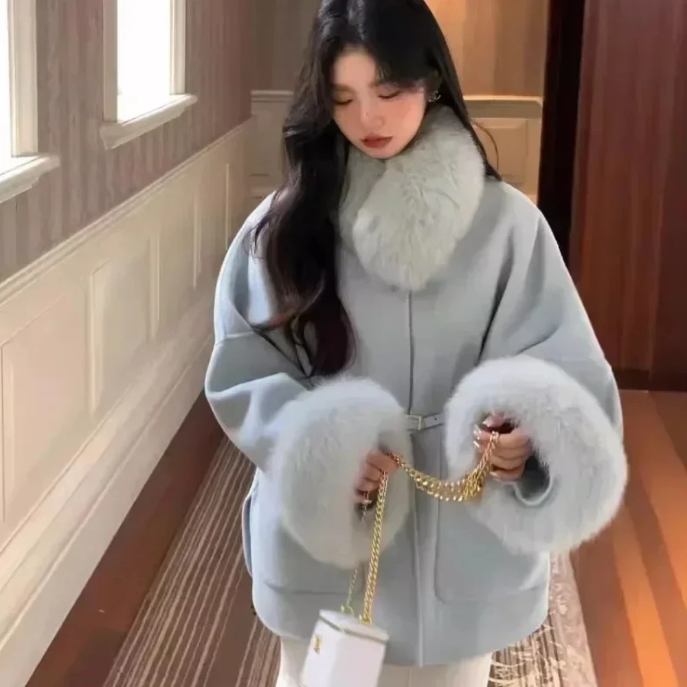 ORTBUY Otoño Invierno nuevo abrigo de piel chaqueta con cuello de piel de zorro abrigo de lana de doble cara para mujer abrigo pequeño de Cachemira de doble cara para mujer
