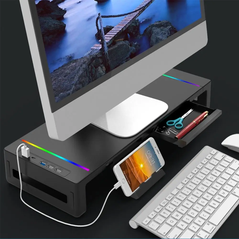 

Подставка для монитора с RGB-подсветкой, складная USB-подставка с ящиком для хранения, подставка для компьютерного дисплея, держатель для телефона, концентратор USB 3.0 и 2.0