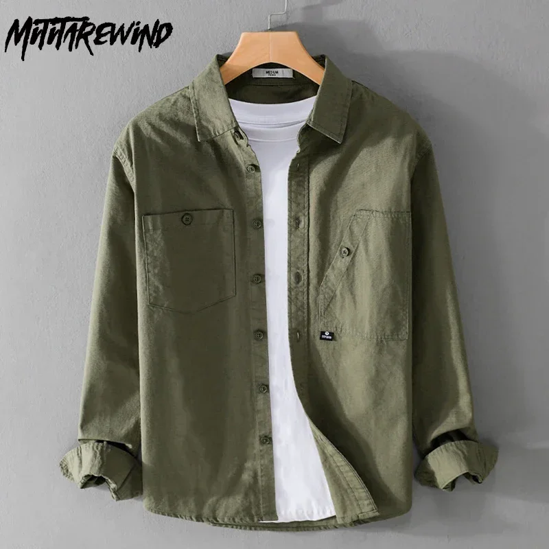 Spring and Autumn Cargo Shirt Men 100% Cotton Long Sleeve Man Shirts Pocket Lapel Green Shirt with Pocket Korean Popular Clothes
