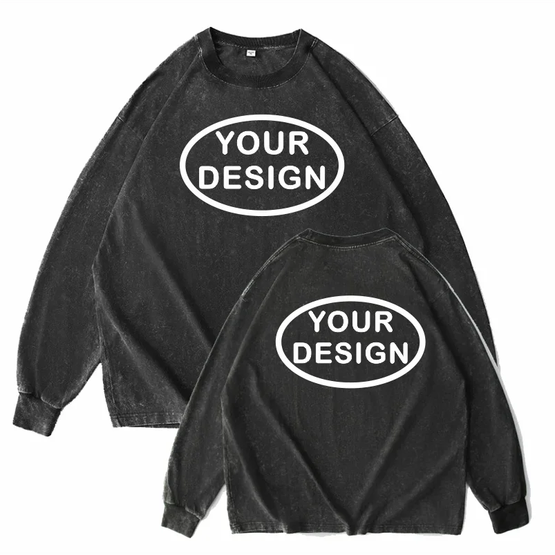 Men's Vintage Washed Cotton Oversized T-Shirt Hip Hop Streetwear Retro Long Sleeve Tee with Custom Logo High Street Casual Top