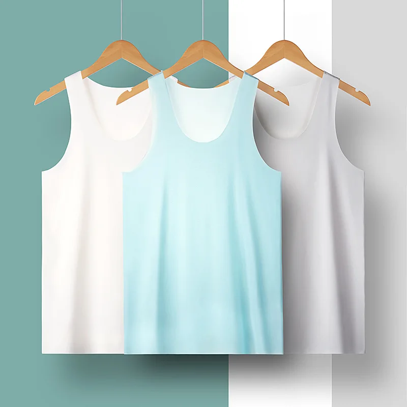 Ice Silk Mens Solid Color Tank Tops Sexy U Neck Sleeveless Vests Male Seamless Youth Elastic Fitness Casual Undershirt Singlets