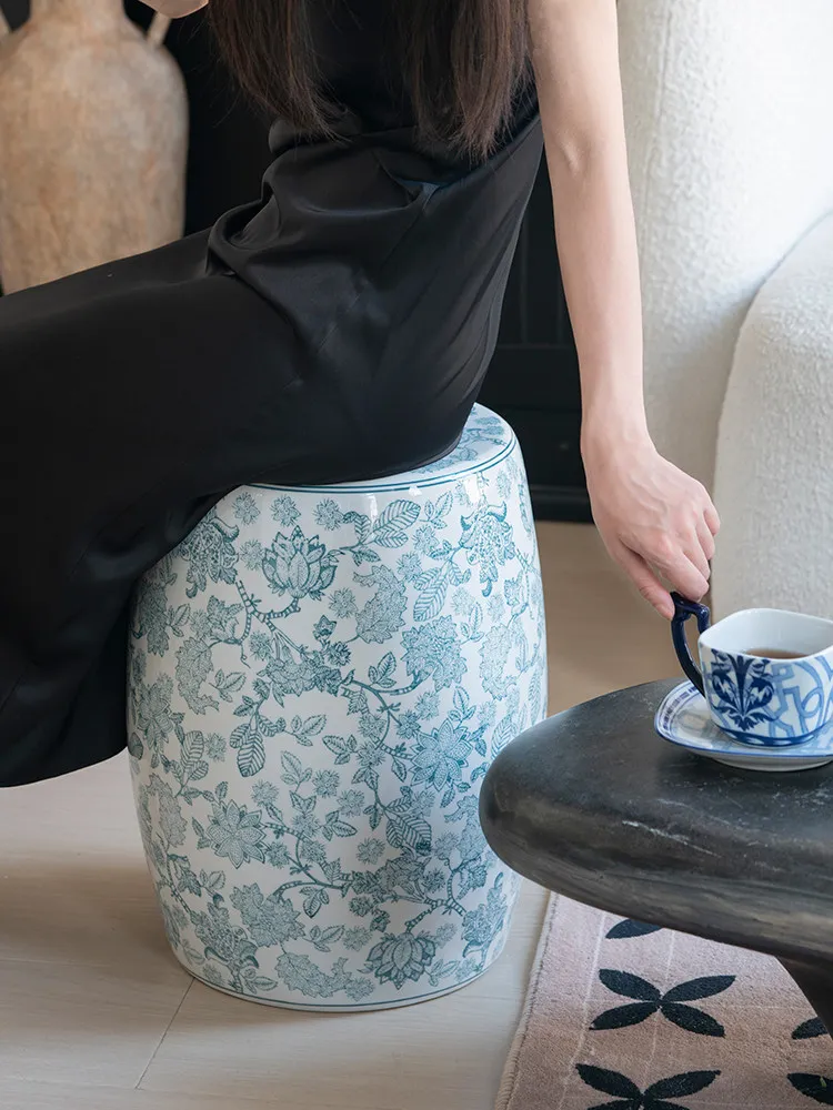 Wanyi | Floral Porcelain Shadow Drum Stool Blue and White Porcelain Seat Ceramic Stool Aesthetic Dressing Stool Living Room Side