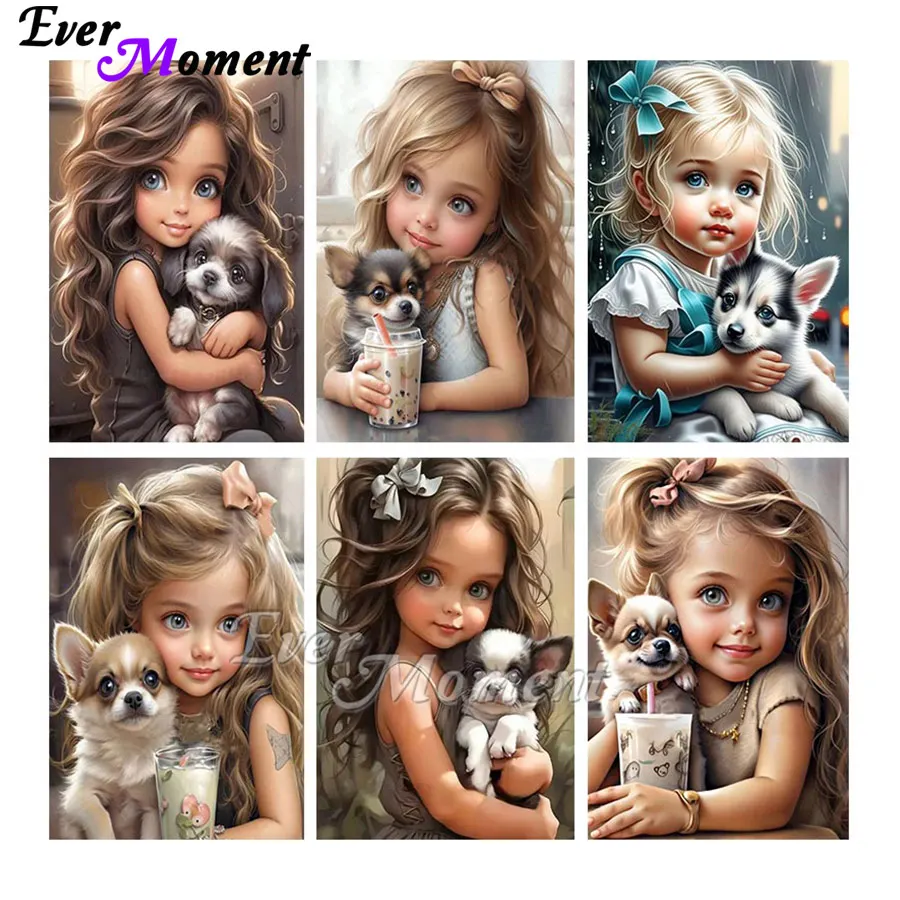 

Ever Moment DIY алмазная живопись милая девушка держит щенок искусство вышивка крестиком мозаика домашний декор детский подарок ASF2881