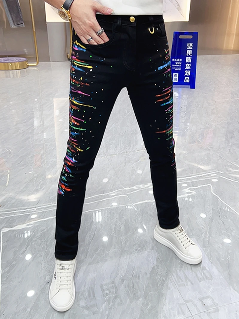 

Bla Slim Fit Jeans Men's Printed Elastic Trendy Brand Autumn 2025 Youth Casual Faion Small Straight Foot Pants