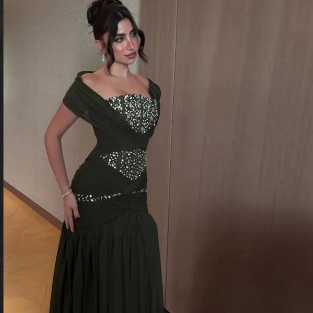Customized Pleated Off the Shoulder Evening Dress Beaded Embroidery Wedding Guest Gown Mermaid Green Dresses with Sequin