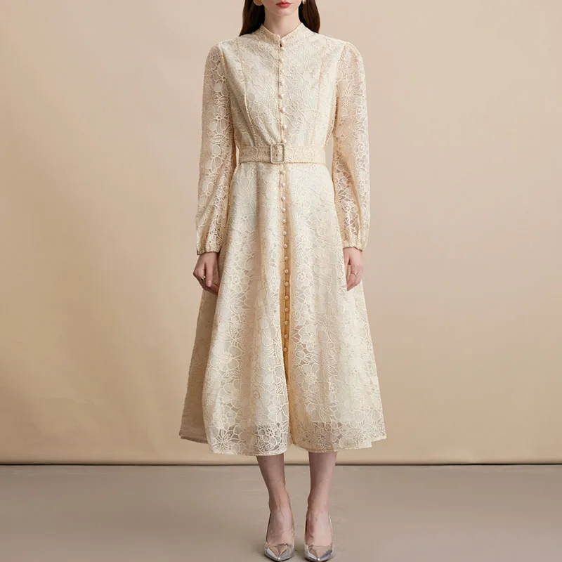 Jurken voor Vrouwen Nieuwe Lange Mouw Stand Kraag Slanke Vrouwen Jurk Elegante Kant A-LIJN Jurk Vrouwen Vestidos De Verano Mujer Q864