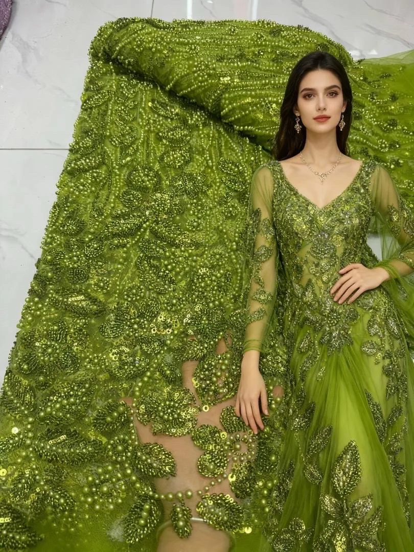 

Модная нигерийская вышивка, зеленое кружево с бисером, 2025 г., высокое качество, африканская кружевная ткань с блестками, французская ткань для вечернего шитья платья