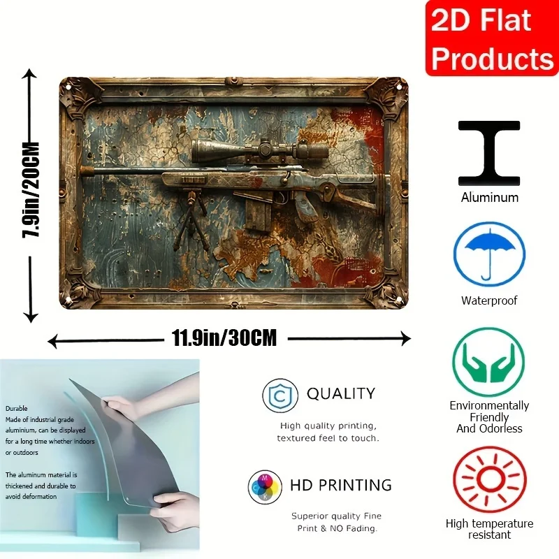 Rustic 2D Aluminium Wall Art, Military-Themed Sniper Rifle Decoration, Decorative Wall Poster, Wall Art Home Decor