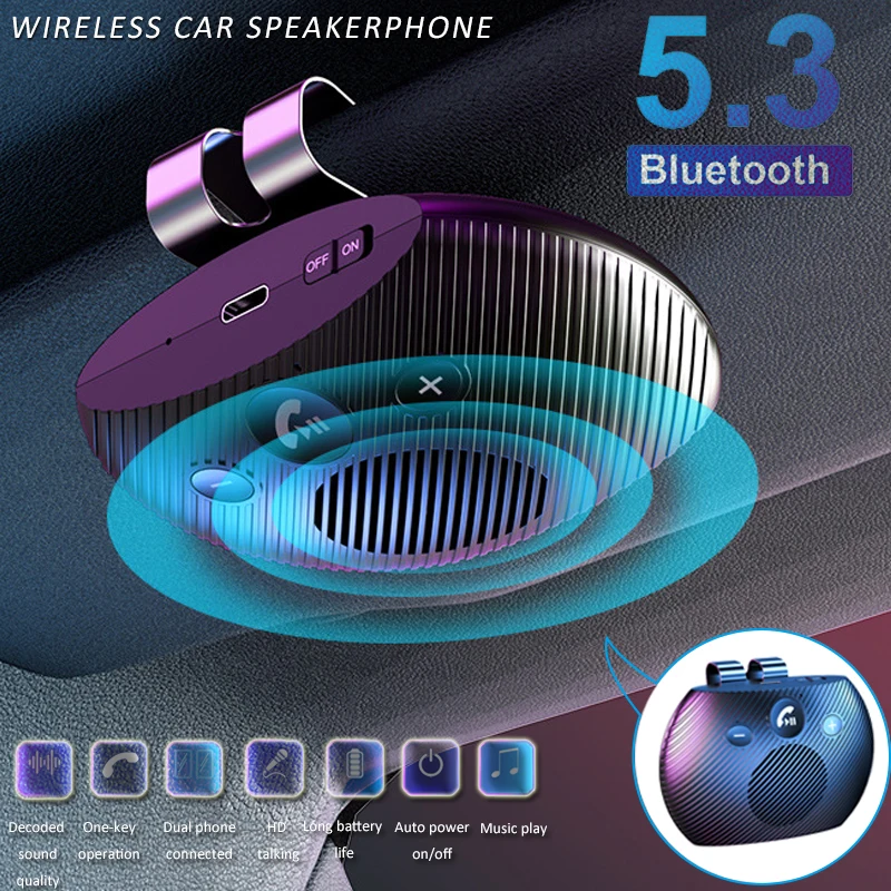 Car Audio Receiver Bluetooth 5.3 Speakerphone Sun Visor Clip Universal Bluetooth Handsfree Car Kit Wireless Mp3 Music Player