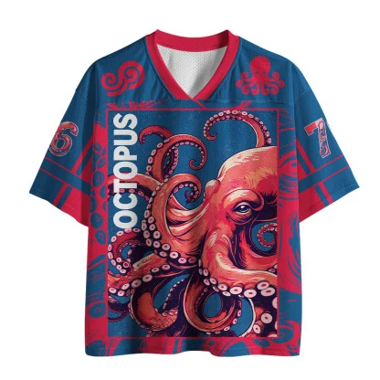 V Neck Mesh Short Sleeve Jersey, Retro Octopus Ocean Creature Print Tee, Vintage Art Pattern Casual Loose Top For Streetwear