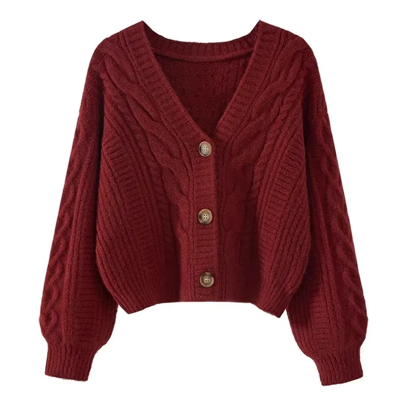 Nova moda outono e inverno roupas femininas novo decote em v lanterna manga camisola elegante casual único breasted cardigan jaqueta