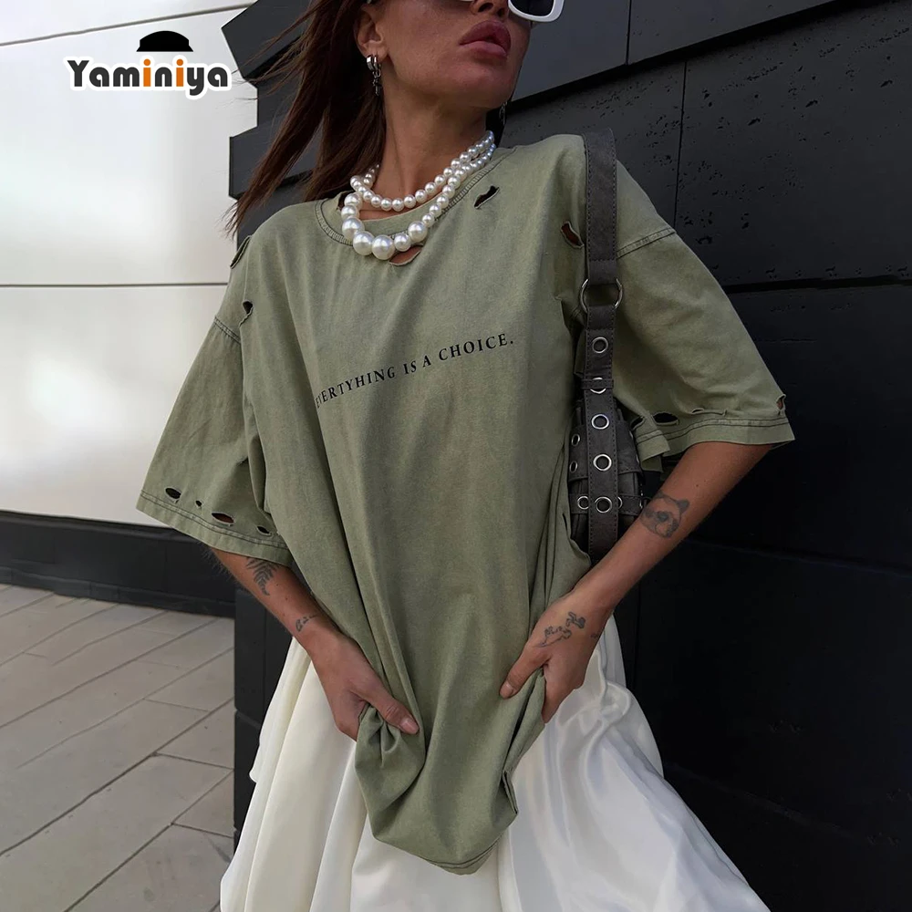 Yaminiya Hole Torn Vintage T-shirt 90S Women Letter Printed Loose O Neck Boyfriend Streetwear Tees Shirt Harajuku Green Tops