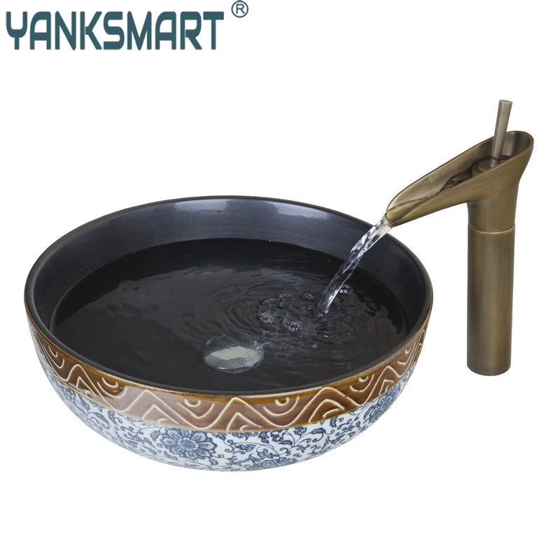 

YANKSMART Retro Blue & White Porcelain Ceramic Round Bowl Sink Vessel Basin With Brass Waterfall Bathroom Faucet Combo Kit